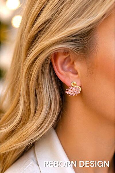 REBORN DESIGN Pink Zircon Stone Gold Swan Model Earrings
