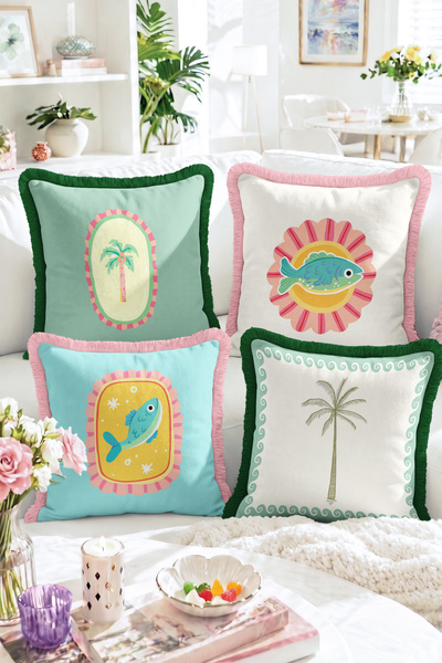 Realhomes Pastel Colored 4-Piece Fringed Throw Pillow Cover Set with Fish and...