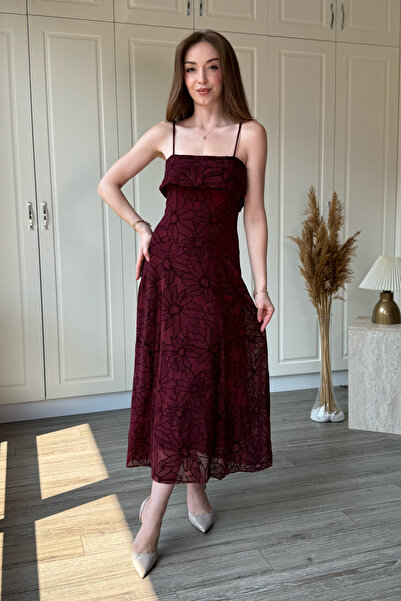 Dilay Gökoğlu Butik Strappy Chest Detail Glittery Midi Floral Patterned Burgundy Dress