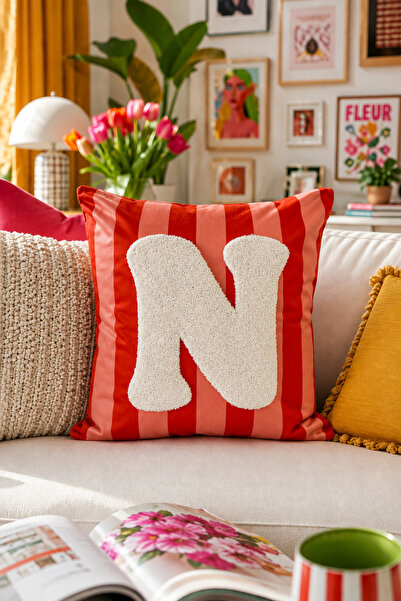 Pilloveland Punch Embroidered Throw Pillow Cover - 43*43 cm - Orange Letter N...