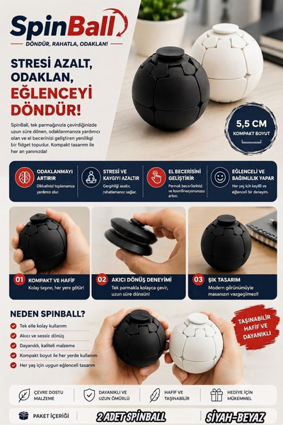 SürLaz SpinBall 2'li Siyah-Beyaz Stres Topu & Fidget Çarkı – El Egzersiz Topu...