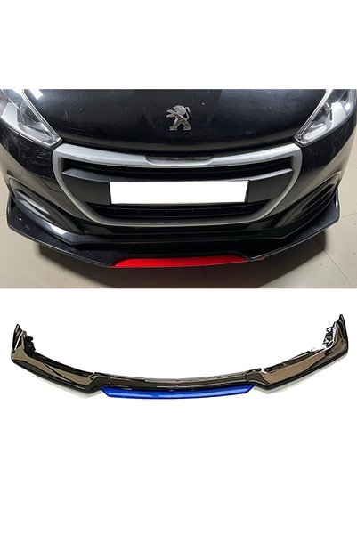 HasAkman Peugeot 208 Mavi Renkli Şeritli Dilli Ön Lip 4 Prç Parlak Siyah ABS