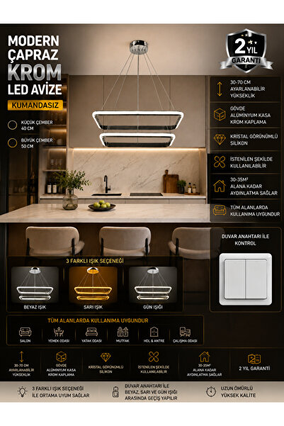 mubeda aydınlatma Modern İkili Krom LED Avize - 3 Renk Aydınlatma (KUMANDASIZ)