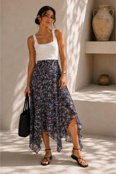 bb butik basic Patterned Asymmetrical Chiffon Skirt – Lined Midi Skirt Wpr10
