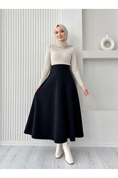 mecea prime Women's Black High Waist Elastic Scuba Crepe Lycra Long Flared Skirt