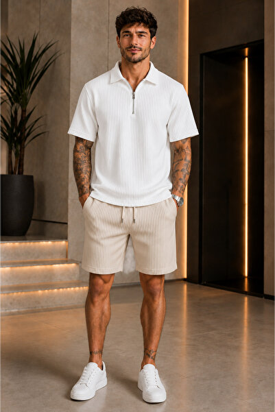 FECCY Premium Ribbed Ottoman Fabric Zipper Detailed Unisex T-Shirt and Shorts...