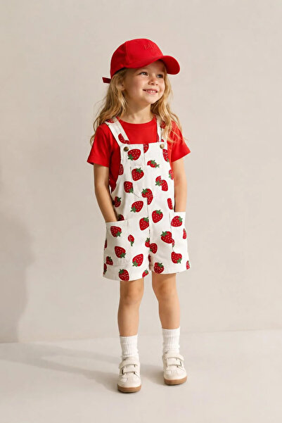 Minigimin Cicileri My Little One's Strawberry Printed Salopet Girl's Set - Red
