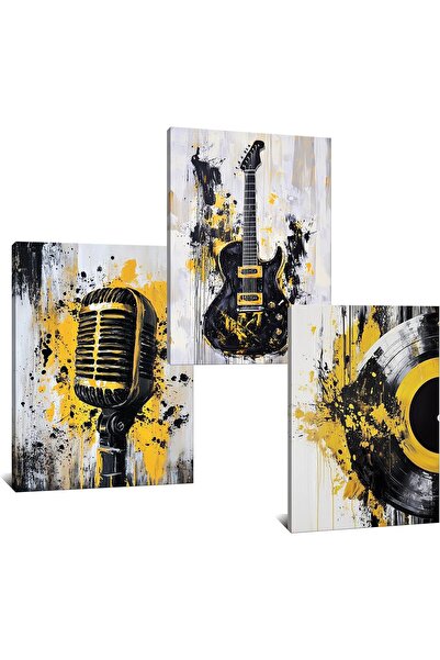 HOME MODE 30x40 cm 3 Panel Gallery Wrapped Canvas | Music Guitar Microphone W...