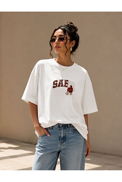 ZAVIXO Unisex White Oversize Sabr Printed Premium Cotton T-Shirt – Special De...