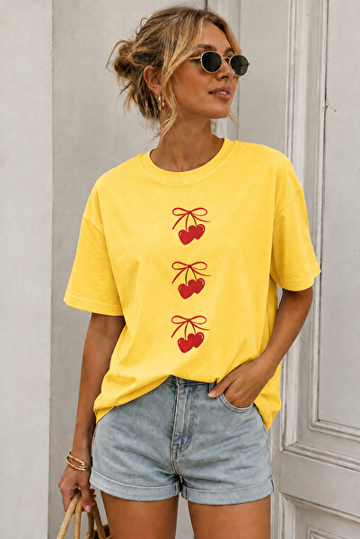 ArtYus Cherry Printed Crew Neck Casual Unisex Oversize T-Shirt - Fruit-Themed...