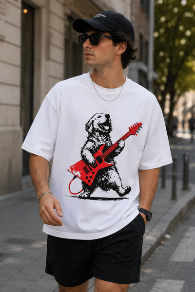 ArtYus Dog Playing Guitar Printed Crew Neck Casual Unisex Oversize T-Shirt - ...