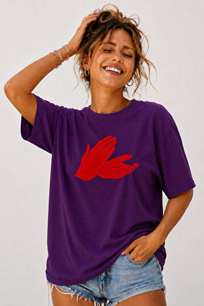 ArtYus Clap Hands Printed Unisex Oversize Beige T-Shirt – Cotton Crew Neck St...
