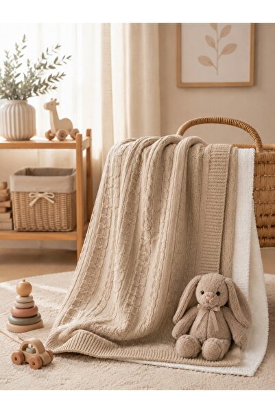 Pure Boutique Paturica bebe tricotata bej imblanita, 85x100 cm, premium pentr...
