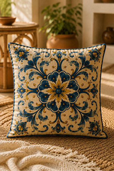 SasoHome Amalfi Blue 4’lü Dekoratif Kırlent Kılıfı Seti | Akdeniz Esintili Limon, Çini ve Botanik Desenli Premium Koleksiyon