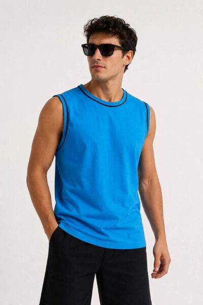 Mariposa Secret Men's contrast trim sleeveless tank top crew neck summer basi...
