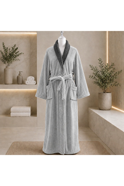 FMJ Luxury Coral Fleece Bathrobe with Contrast Shawl Collar, Belt & Pockets –...