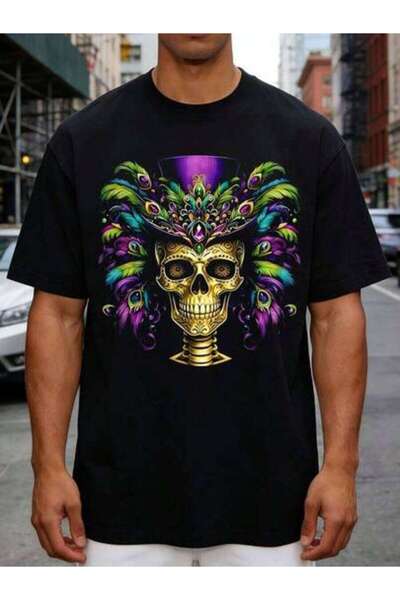 NOURAM New Orleans Mardi Gras Skull Feather 100 Cotton Crew Neck T Shirt,Men ...