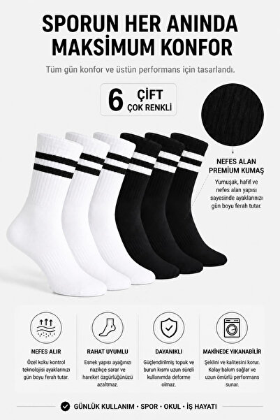 TreBears 6’lı Paket Unisex Beyaz ve Siyah Çizgili Spor Tenis Çorap Seti – Nef...