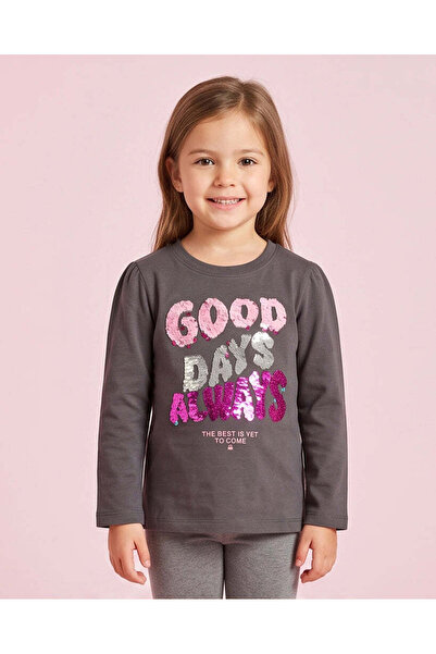 REDTAG Girls Charcoal Sequin Slogan Long Sleeve T-Shirt