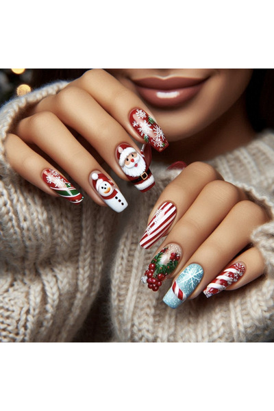 Choice8 2978 Medium long fake nails for Christmas party Cute snowman Santa Cl...