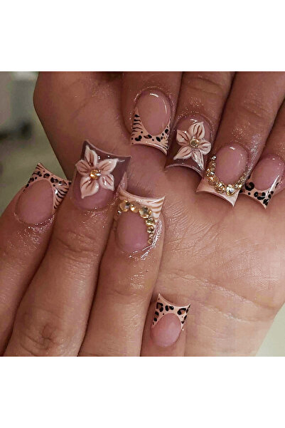 Choice1 4603 Short square fake nails for women girls 3D flowers with rhinesto...