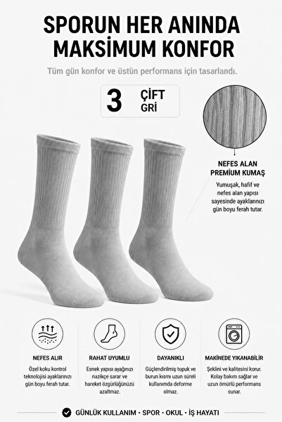 TreBears 3'lü Paket Unisex Düz Spor Tenis Çorap Seti – Nefes Alabilir Pamuklu...