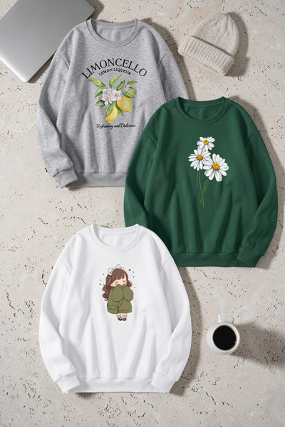 trendypassion Unisex Mixed Printed Crew Neck Sweatshirt Set – Pack of 3
