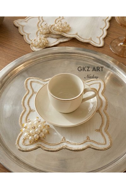 gkzglass home dekor 3 Pieces of Embroidered Linen Fabric Coffee Cocktail Napkins & Coaster Napkins (with Pearl Stones)