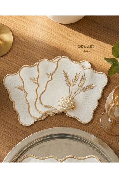 gkzglass home dekor 3 Pieces of Embroidered Linen Fabric Coffee Cocktail Napkins & Coaster Napkins (with Pearl Stones)