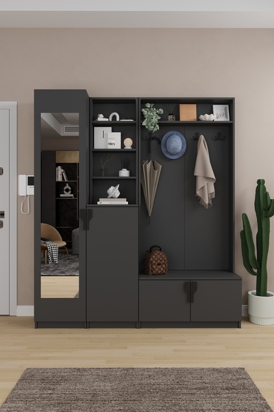 asratrend Lüks Aynalı Portmanto Askılı Vestiyer %100 MDF Çok Raflı Ayakkabılı...