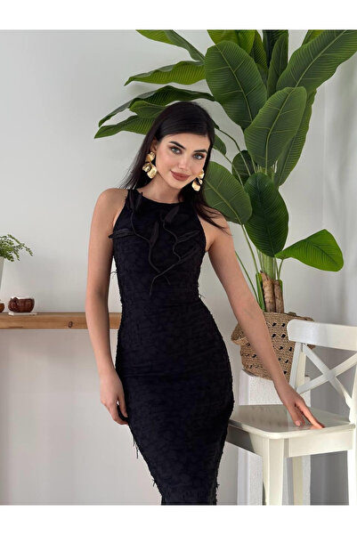 Moda Days Women's Black Midi Dress Sleeveless Crew Neck Floral Applique Slim Fit