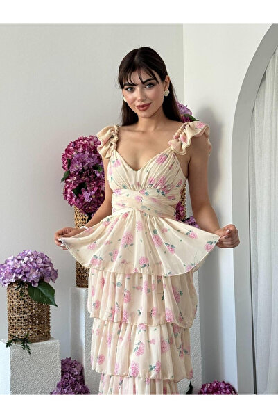 Clothes Fast Rochie lungă de damă, bej, din șifon, cu imprimeu floral, cu vol...