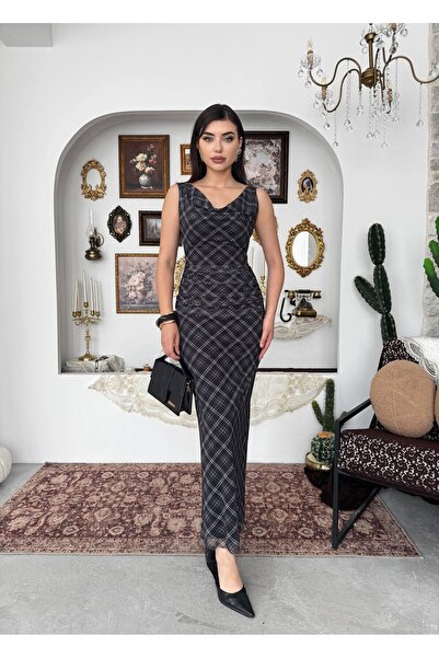 Clothes Fast Rochie midi neagră de damă, cu model în carouri, guler drapat, b...