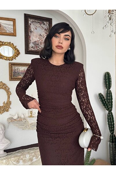 Clothes Fast Women's Coffee Midi Dress Lace Textured Crew Neck Long Sleeve Ga...