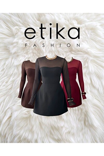 Clothes Fast Rochie mini de damă bordeaux, din tul transparent, cu mâneci lun...