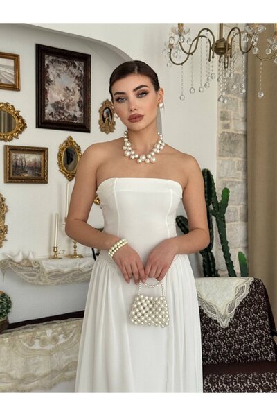 Clothes Fast Γυναικείο εκρού στράπλες μίντι φόρεμα με λεπτομέρεια στη μέση απ...
