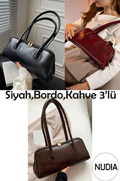Nudia Monra Black, Burgundy, Brown 3-Pack Long Handle Baguette Model Handbag ...