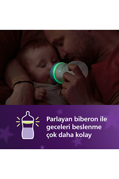 Philips Avent Doğal Tepkili Gece Biberonu 260 ml , No:3 , Karanlıkta Parlar, SCY903/81