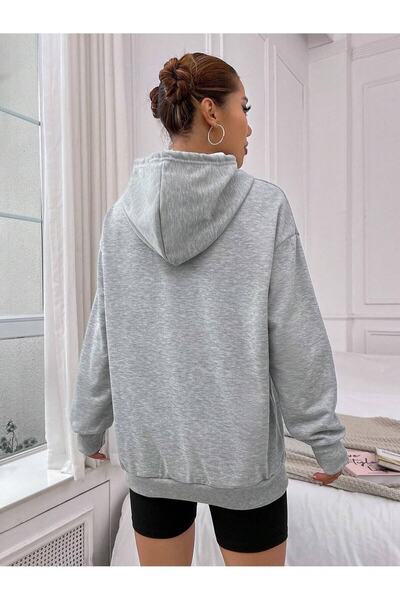 JENOLAN Women's Printed Unisex Gray Hooded Oversize Sweatshirt