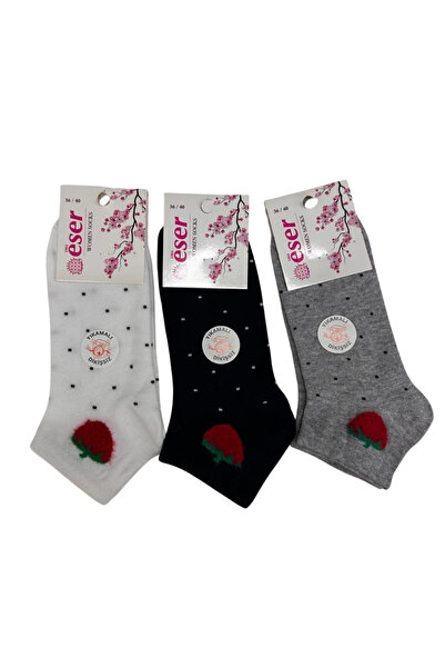 Eser Çorap 6 Pairs Women's Cotton Bootie Socks Strawberry Patterned Black Whi...
