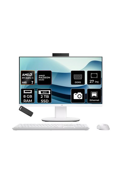 ASUS Expertcenter V600 Aio (VM670GA) AMD RYZEN AI 7 445 8GB RAM 2TB SSD AMD Radeon 840M 27" Full HD (1920x1080) FreeDOS VM670GA-WPE032WP304 Beyaz All In One Bilgisayar + Per4 USB Bellek