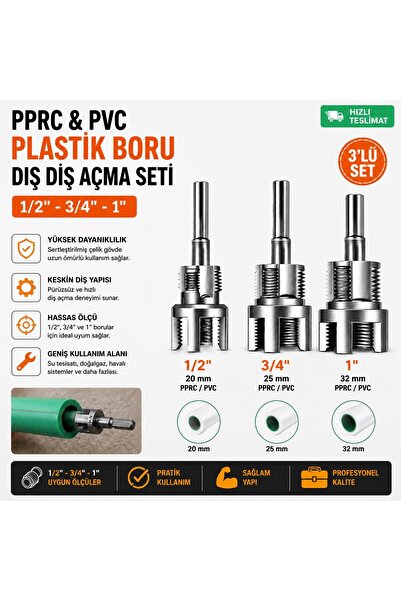 Trendhane PPRC & PVC Plastik Boru Dış Diş Açma Seti – 3'lü Profesyonel Set (1...
