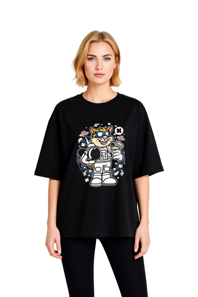 PayBuy Tricou cu mânecă scurtă cu imprimeu grafic Astronaut Cat, supradimensi...