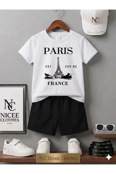 Leto Lykia Summer Children's T-Shirt Shorts Unisex (Black Paris Printed)