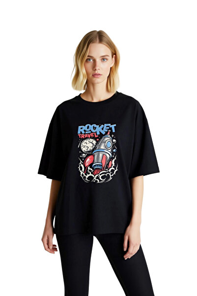 PayBuy Γυναικείο μπλουζάκι Oversize με στάμπα Space Rocket, με στρογγυλή λαιμ...