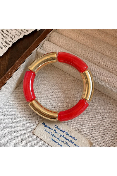synshop Red Bone Marble Patterned Gold Color Geometric Segmented Bohemian Vin...