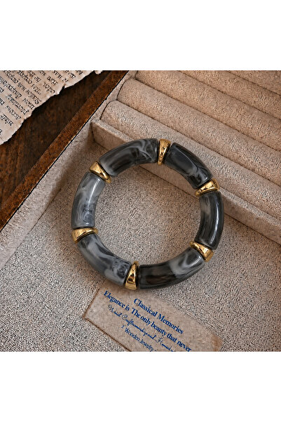 synshop Black Gray Bone Marble Patterned Gold Spacer Bohemian Vintage Thick E...
