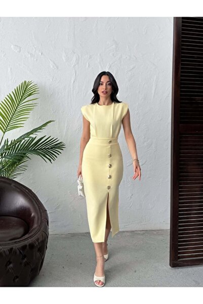 Moda Days Women's Yellow Midi Dress with Crew Neck, Shoulder Detail, Buttoned...