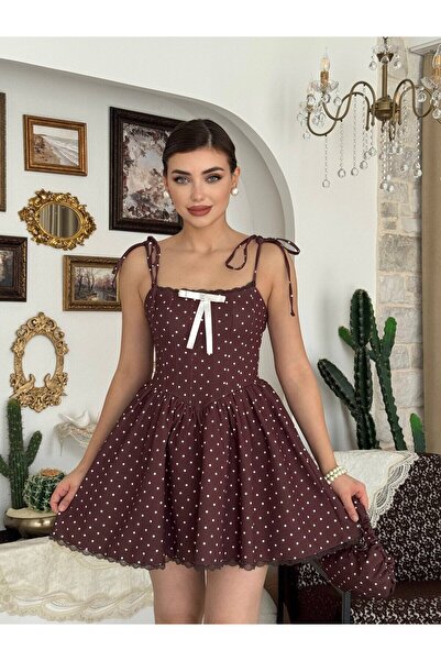 Clothes Fast Women's Coffee Mini Dress Polka Dot Atlas Textured Lace-Up Strap...