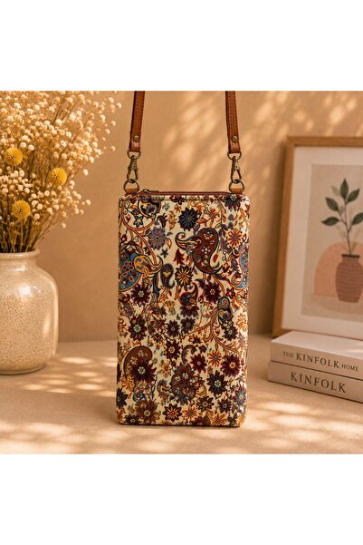 BIJUTERI Cnt-6010 Tan Cream Paisley Patterned Tapestry Phone Bag |   Eos Coll...